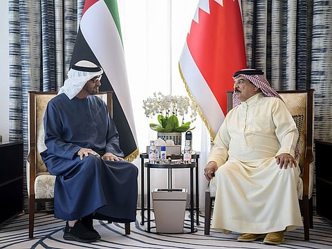 President His Highness Sheikh Mohamed bin Zayed Al Nahyan (L) with His Majesty King Hamad bin Isa Al Khalifa, King of the Kingdom of Bahrain