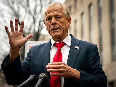 Peter Navarro, former White House trade adviser, speaks to members of the media while arriving for his sentencing at federal court in Washington, DC.