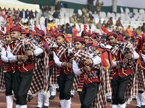 New Delhi: Students march past during the State-Level Republic Day function, at Chhatrasal Stadium, in New Delhi on Thursday. (ANI Photo/Ayush Sharma)