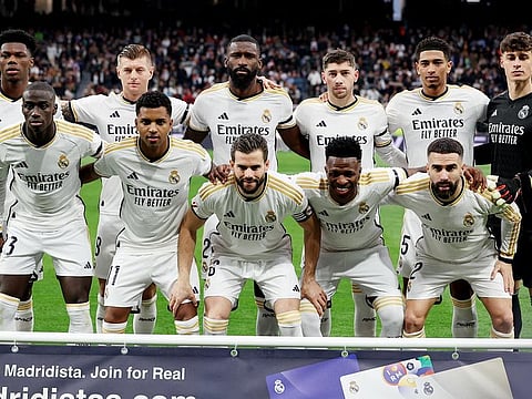 Real Madrid players pose for a team group photo before the LaLiga match against Almeria in Madrid, on January 21, 2024.