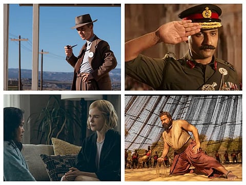 A smorgasbord of movies and shows releasing this week. Oppenheimer (Top, left), Sam Bahadur (Top, right), Expats (Bottom, left), and Malaikottai Vaaliban (Bottom, right)
