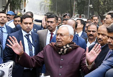 Bihar Chief Minister and Janata Dal (United) President Nitish Kumar speaks to the media after handing over his resignation to the State Governor, in Patna on January 28, 2024.