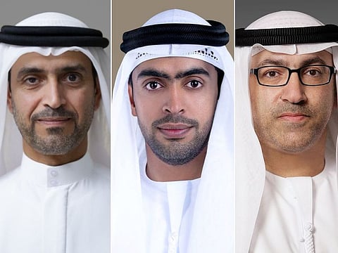 From right: Abdulrahman bin Mohamed Al Owais, Minister of Health and Prevention (MoHAP); Mansour Ibrahim Al Mansouri, Chairman of the Department of Health – Abu Dhabi; and Awad Saghir Al Ketbi, Director General of the Dubai Health Authority.