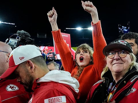 Taylor Swift, left, and Donna Kelce watch the Kansas City Chiefs receive the Lamar Hunt trophey after an AFC Championship NFL football game between the Baltimore Ravens and the Kansas City Chiefs, Sunday, Jan. 28, 2024, in Baltimore. The Kansas City Chiefs won 17-10