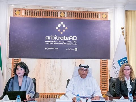 Abdullah Mohammed Al Mazrui, Chairman of the Board of Directors of ADCCI and Chairman of the Board of Directors of arbitrateAD, Maria Chedid, President of the Centre’s Court of Arbitration, and Executive Director Kristin Campbell-Wilson at the launch of arbitrateAD.