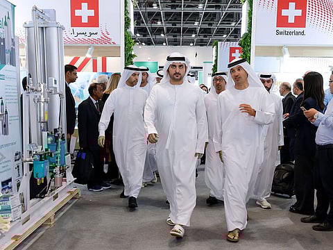 Sheikh Maktoum bin Mohammed bin Rashid Al Maktoum (centre front), First Deputy Ruler of Dubai and Deputy Prime Minister and Minister of Finance of the UAE, touring Arab Health on Monday in Dubai