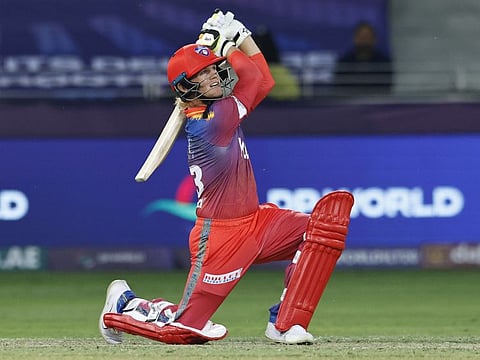 Jake Fraser-McGurk of Dubai Capitals takes the aggressive route during the match 8 of the DP World International League T20 against Abu Dhabi Knight Riders at the Dubai International Cricket Stadium on January 25.