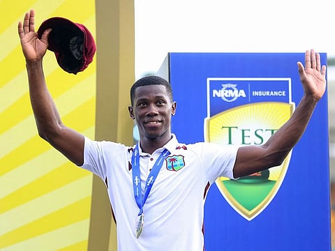 Shamar Joseph of the West Indies with the Player of the Series medal at the end of the second cricket Test against Australia at the Gabba in Brisbane on January 28, 2024. Joseph’s seven-wicket haul helped the West Indies win the Test and level the series.