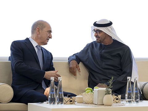 President His Highness Sheikh Mohamed bin Zayed Al Nahyan (R) with Numan Kurtulmus, Speaker of the Turkish Grand National Assembly, at Qasr Al Bahr in Abu Dhabi on Tuesday
