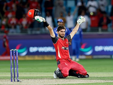 Desert Vipers' Shaheen Afridi celebrates after his team's win over MI Emirates at the Dubai International Cricket Stadium on Tuesday.