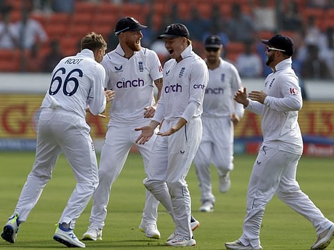 England's Joe Root celebrates with Ben Stokes, Ollie Pope and Ben Duckett during the first Test against India at Rajiv Gandhi International Stadium, Hyderabad, India on January 26.