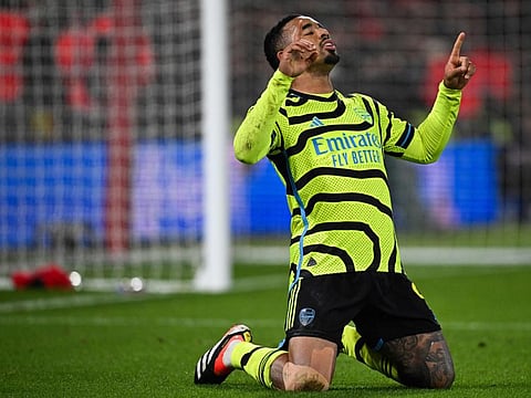 Arsenal's Brazilian striker Gabriel Jesus celebrates after scoring his team first goal during the English Premier League football match against Nottingham Forest at The City Ground in Nottingham, central England, on January 30.