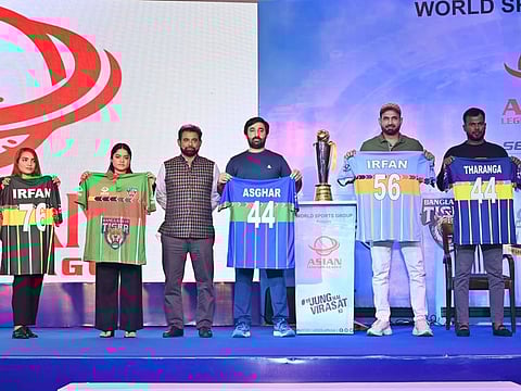 Chetan Sharma with Irfan Pathan, Upul Tharanga and Asghar Afghan during the press conference to announce the details of the inaugural Asian Legends League.