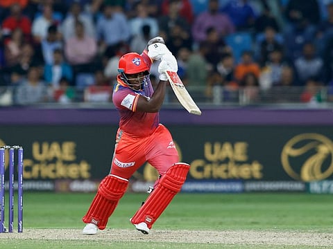 Rovman Powell in action during his unbeaten 40 at the Dubai International Cricket Stadium on Thursday.