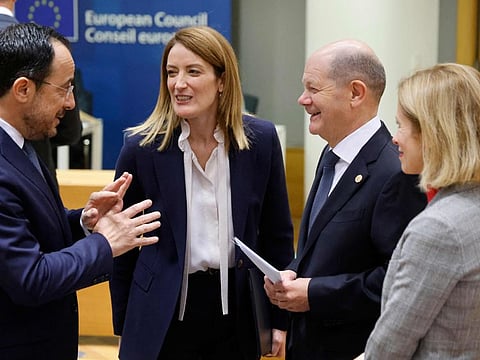 Cyprus' President Nikos Christodoulides (left), European Parliament President Roberta Metsola, Germany's Chancellor Olaf Scholz and Estonia's Prime Minister Kaja Kallas speak prior to the start of a European Council meeting at the European headquarters in Brussels, on February 1, 2024.