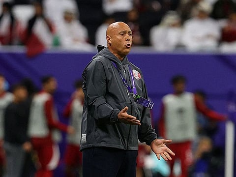 Qatar coach Marquez Lopez reacts during the Asian Cup Round of 16 match against Palestine at Al Bayt Stadium.