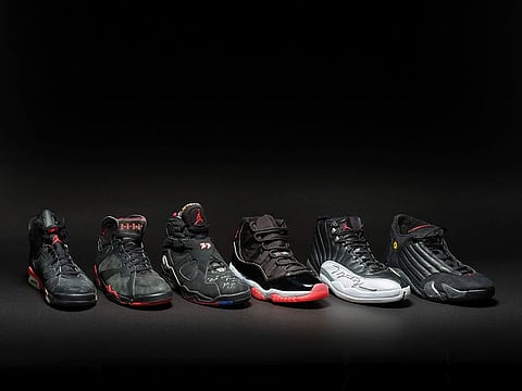 A collection of sneakers dubbed the "Dynasty Collection" that superstar Michael Jordan wore as he and the Chicago Bulls won six NBA championships.
