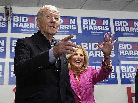 President Joe Biden and first lady Jill Biden visit the Biden campaign headquarters in Wilmington, on Saturday, Feb. 3, 2024.