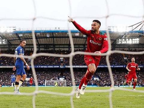 Wolverhampton Wanderers' Matheus Cunha celebrates scoring their third goal during a Premier League match against Chelsea at Stamford Bridge, London, on Sunday