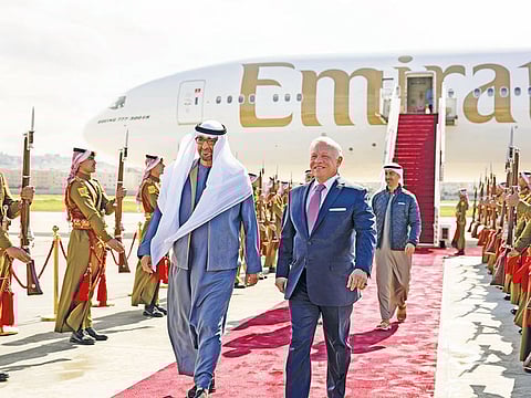 Sheikh Mohamed Bin Zayed arrived in Amman on Monday on a fraternal visit to Jordan. Upon arrival at the airport, he and the accompanying delegation were received by King Abdullah II.
