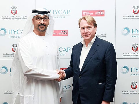 Arafat Al Yafei, Executive Director of the Industrial Development Bureau (IDB) and Jo Bamford, Chairman and Founding Partner of Hycap Group, signed an MoU to develop renewables sector in Abu Dhabi.