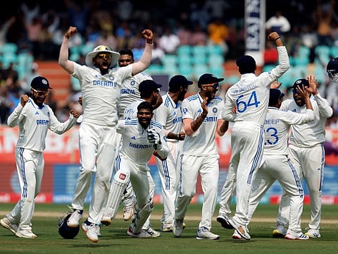 Indian players celebrate after third umpire confirms the wicket of England's Ben Stokes during the Second Test at Dr. Y.S. Rajasekhara Reddy ACA-VDCA Cricket Stadium, Visakhapatnam, on Monday.