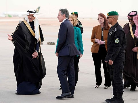 US Secretary of State Antony Blinken being received at King Khalid International Airport in the Saudi capital Riyadh on February 5, 2024.