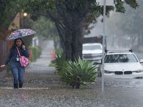 A flooded street in Santa Barbara, California, on February 4, 2024. Hurricane-force winds whipped the seas off California, while heavy rains raised flood risks from San Francisco to San Diego, as another powerful Pacific storm arrived on the state's doorstep.