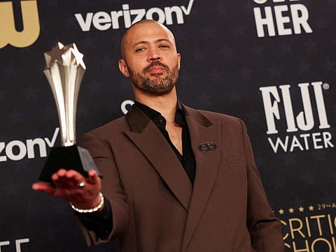 Cord Jefferson poses with the Best Adapted Screenplay Award for 'American Fiction,' at the 29th Annual Critics Choice Awards, in Santa Monica, California, in January.