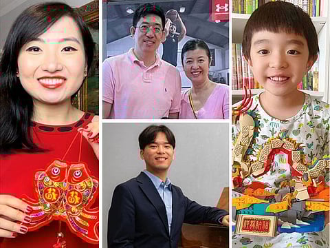 Clockwise: Chinese expats Ziying Zhou, Mingxiang Cao and Na Zhang, Shuwen Cao with his dragon and Lei Hou.