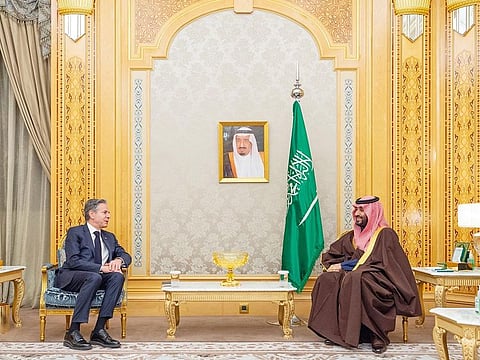 US Secretary of State Antony Blinken meets Saudi Crown Prince Mohammed bin Salman, in Riyadh, Saudi Arabia, on February 5, 2024.