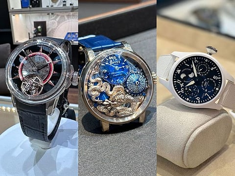 From left: Louis Moinet Qatar 001, Bovet Recital 26 Chapter Two Dragon and the IWC Big Pilot collection Lake Tahoe edition.