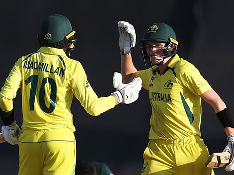 Callum Vidler and Rafael MacMillan of Australia celebrate following their win over Pakistan in the U-19 World Cup.