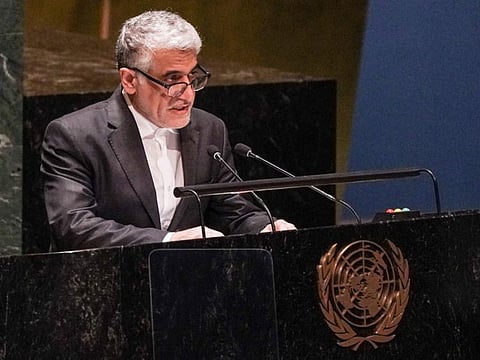 Iran's United Nations Ambassador Amir Saeid Iravani addresses the UN General Assembly at UN headquarters on February 23, 2023. In a letter to the UN Security Council, Iravani denounced “baseless accusations” that it was behind the attacks on US facilities and said the “illegal” response carried out by Americans over the weekend is putting international peace at risk.