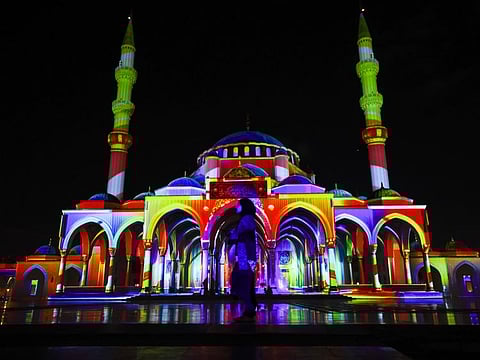 Visitors at Sharjah mosque on the opening day of 13th edition of the Sharjah Light Festival taking place over a period of 12 days from February 7th to February 18th, 2024 Photo: Virendra Saklani/Gulf News
