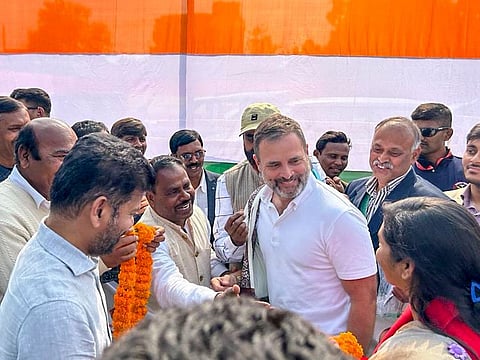 Telangana Chief Minister Revanth Reddy meets with Congress leader Rahul Gandhi during the party's Bharat Jodo Nyay Yatra, in Ranchi