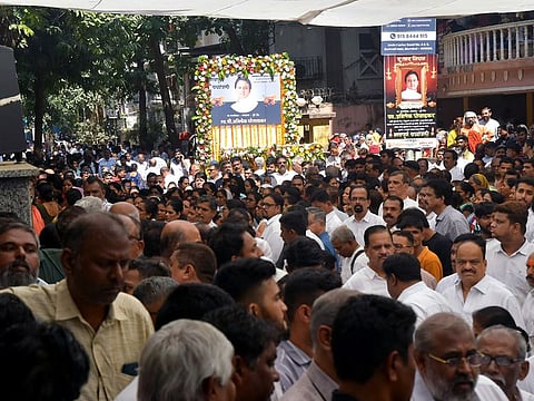 People gather to pay last respects to Shiv Sena (UBT) leader Abhishek Ghosalkar, who was allegedly shot by unidentified people during a Facebook live episode, in Mumbai on Friday, Feb 9, 2024.
