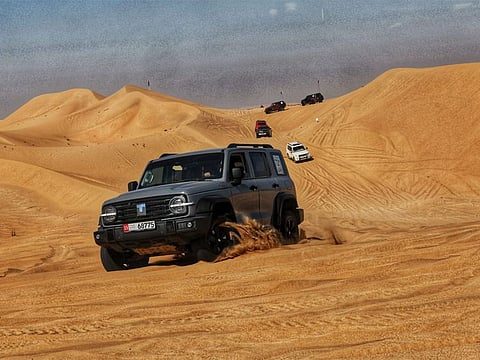 A Tank SUV lead the pack. The Gulf News Fun Drive is a 142 km route and has been designed as a loop. The start and finish of the Drive is the same location as the Tilal Swaihan camp site.