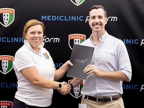 Caroline Rothwell, Primary Chair of DASSA, and Dr Alan Kourie, Sports Medicine and Head of Mediclinic Perform, at the signing ceremony