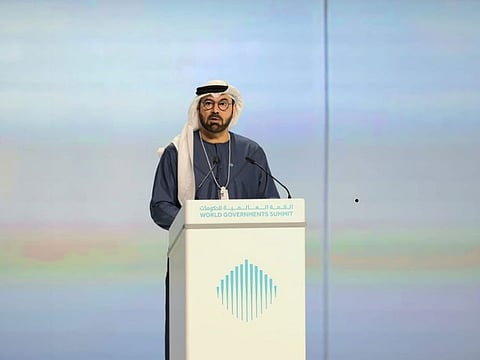 Mohammed AlGergawi, Minister of Cabinet Affairs and Chairman of the World Government Summit, delivering the opening address at the World Government Summit in Dubai on Monday.