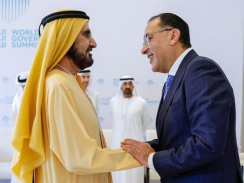 His Highness Sheikh Mohammed bin Rashid Al Maktoum (L), Vice President and Prime Minister of the UAE and Ruler of Dubai, with the Prime Minister of Egypt, Dr Mostafa Madbouli