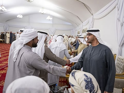 (right) President His Highness Sheikh Mohamed bin Zayed Al Nahyan at the condolence majlis for the martyrdom of Staff Colonel Mohamed Mubarak Al Mansouri, a member of the UAE Armed Forces, in Abu Dhabi on Monday
