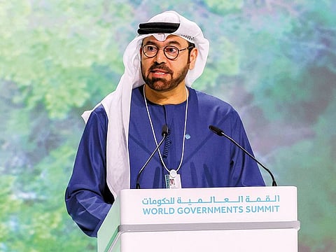 Mohammed AlGergawi, Minister of Cabinet Affairs and Chairman of the World Government Summit, delivering the opening address at the World Government Summit in Dubai.