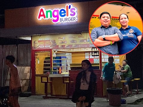 Competing on the cost front: 24/7 Angel’s Burger fast food kiosks can be found in street corners, marketplaces, and commercial areas in most cities and big towns across the Philippines. Inset, the burger chain founders Joseph and Vicky Mojica.