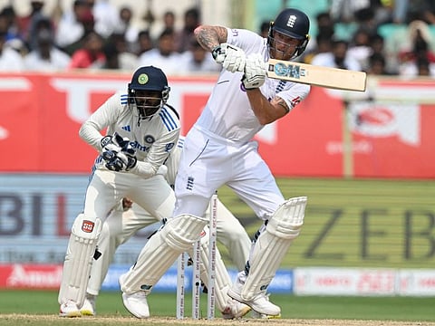 England's captain Ben Stokes in action during the second Test against India at the Y.S. Rajasekhara Reddy Cricket Stadium in Visakhapatnam on February 5.