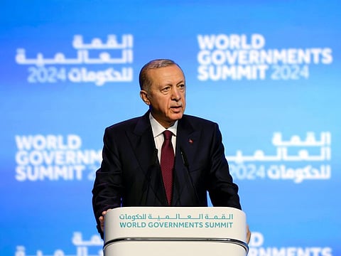 Turkey’s President Recep Tayyip Erdogan addressing the World Governments Summit in Dubai on Tuesday
