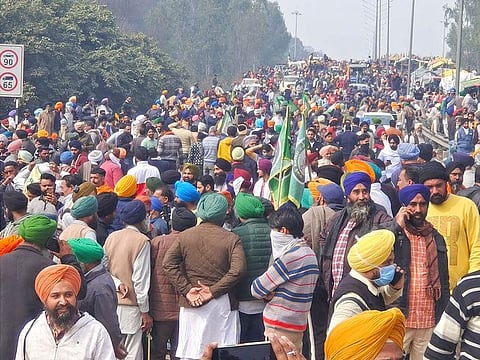 Farmers marching to New Delhi gather near the Punjab-Haryana border at Shambhu, India, Tuesday, Feb.13, 2024. Farmers are marching to the Indian capital asking for a guaranteed minimum support price for all farm produce.