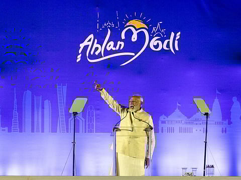Indian Prime Minister Narendra Modi addressing Indian diaspora at the 'Ahlan Modi' event at Zayed Sports City Stadium in Abu Dhabi on Tuesday. Photo: Virendra Saklani/Gulf News