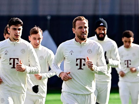 Bayern Munich's Harry Kane (centre), Aleksandar Pavlovic (left) along with teammaters during a training ahead of the Champions League clash against Lazio.