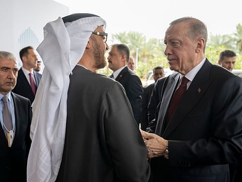 His Highness Sheikh Mohamed bin Zayed Al Nahyan, President of the United Arab Emirates (L) receives Recep Tayyip Erdogan, President of Turkey (R), prior to a meeting during the 2024 World Government Summit in Dubai